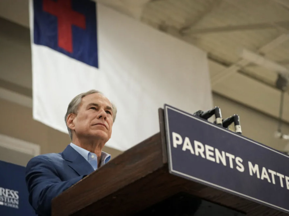 Texas Gov. Greg Abbott speaks about a school voucher plan during a rally on March 21, 2023, at Cypress Christian School in Houston. (Jon Shapley/Houston Chronicle via Getty Images)